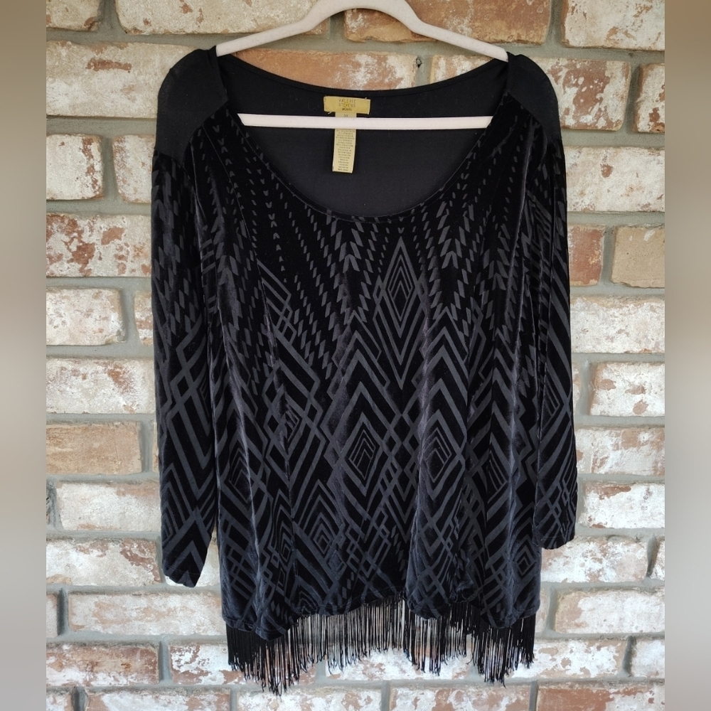 Valerie Stevens Women's Black Velvet Burnout 3/4 Sleeve Fringe Hem Knit Top 3X